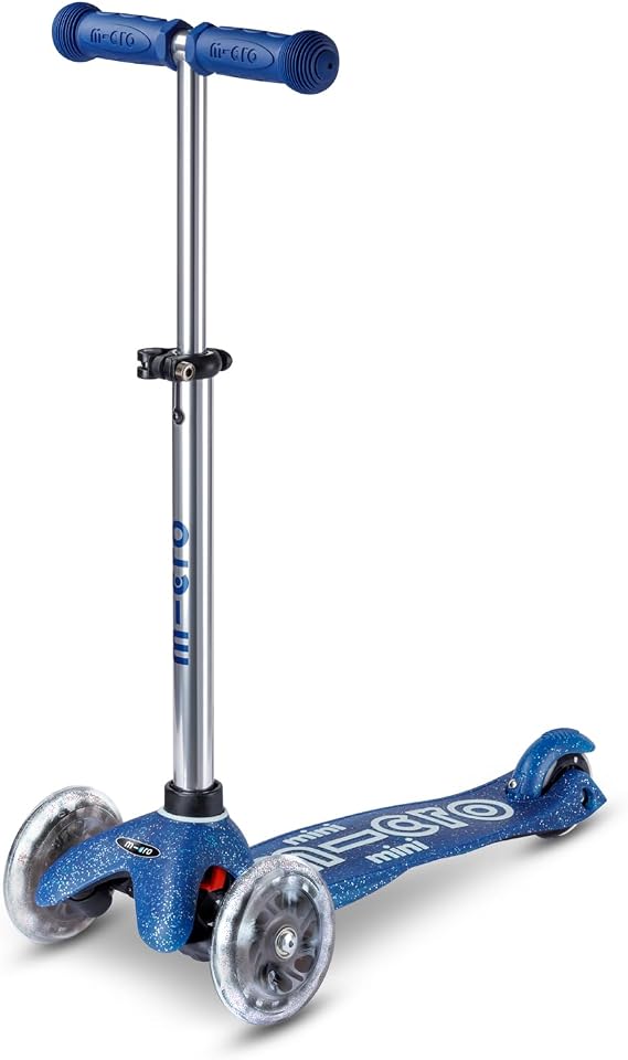 Micro Kickboard | Mini Deluxe Glitter LED Kids Scooter for Ages 25 | Children up to 110 lbs | 3 Wheel Lean-to-Steer Design | Adjustable T Bar | Motion-Activated PU LED Wheels | Swiss Design