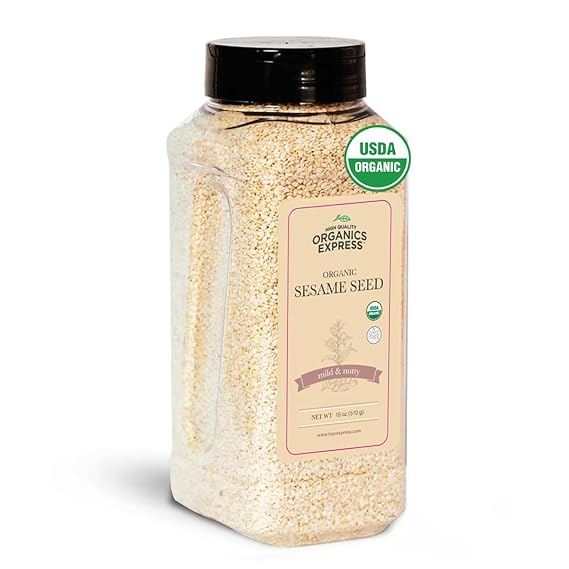 HQOExpress | Organic White Sesame Seed | Raw Sesame Seeds for Cooking and Food Seasoning - Semillas de Ajonjoli - Non-GMO, Vegan & Certified Kosher - 18 oz. Chef Jar