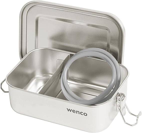 wenco Stainless Steel Lunch Box with 2 Compartments Small Lunch Box with 650 ml Capacity Waterproof Dishwasher Safe Includes Replacement Silicone Ring 15 x 11.3 x 5 cm Silver