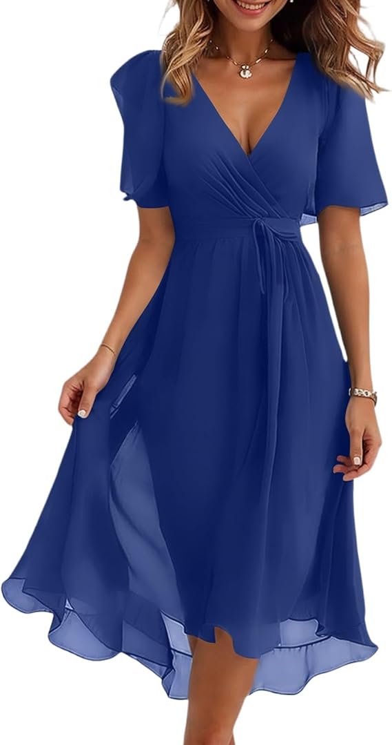 Evening Dresses Women's Elegant Chiffon V-Neck Print Short Sleeve Midi Dress with Belt High Waist A-line Summer Dress Cocktail Dress Casual Knee-Length Flower Dress Wrap Dress Lightweight Tunic Casual Dress