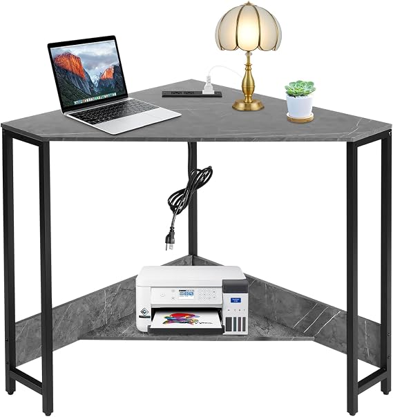 Corner Desk with Shelves, 90 Degrees Triangle Computer Desk w/Tray for Small Space Space Saving Writing Desk w/Storage Shelves for Bedroom Apartment (Grey)