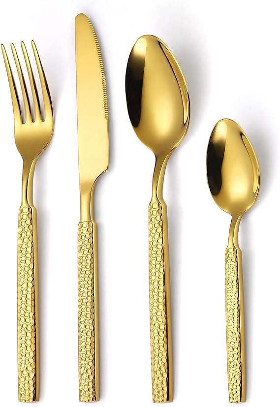 Hogar Cutlery Set, Thick Hammered Stainless Steel Tableware Set, Knife, Fork and Spoon for Home Use, 4/16/24/32/40/48 Pieces, Gold, Set of 12 - 48 Pieces
