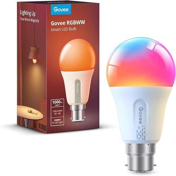 Govee Smart Bulb RGBWW, 1000lm Wi-Fi LED Bulbs B22, Smart Light Dimmable, DIY 16 Million Color, 64 Dynamic Scenes, Compatible with Alexa, Google Assistant, Matter, 1 Pack [Energy Class E]