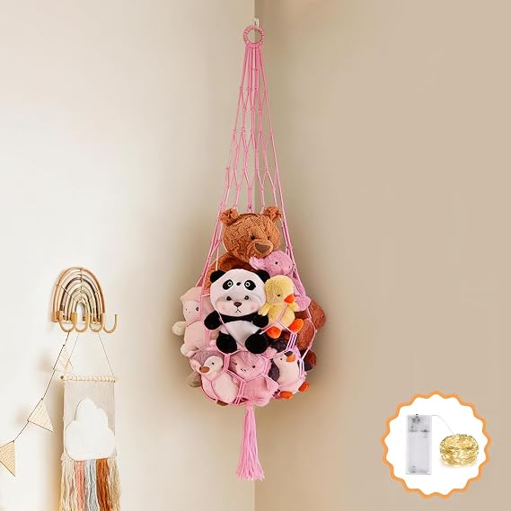 CERETIA Stuffed Animal Hammock Corner Net with LED Light Plushies Storage Hammock for Stuffed Animals Boho Room Decor Macrame Wall Decor