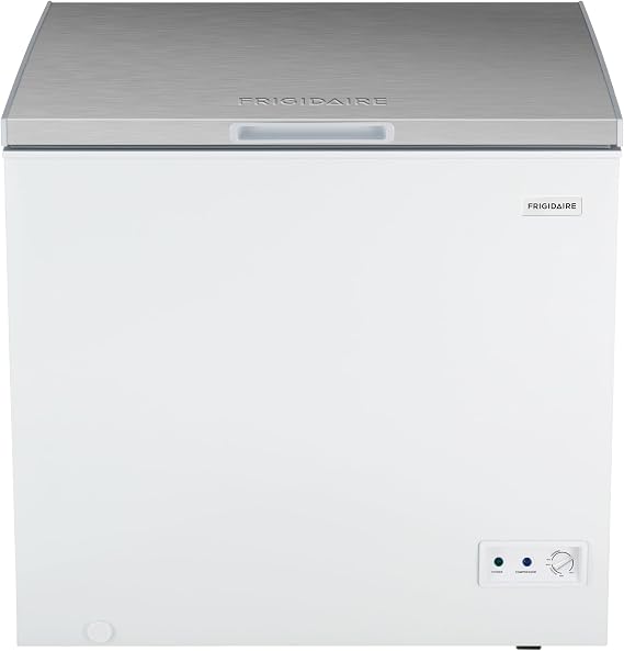 Frigidaire Chest Deep Freezer, 7 Cu. Ft. Capacity, Shiny Stainless Steel Top Lid Design-Adjustable Thermostat-Removable Vinyl Coated Wire Basket-Easy Defrost Drain- Garage Ready