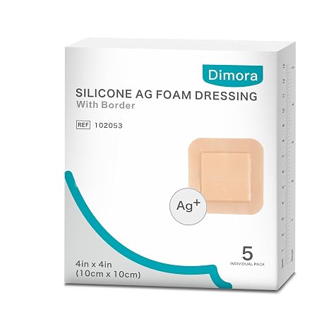 Bordered Silver Silicone Foam Dressing 4"x 4" (2.5"x 2.5" Pad), Ag Absorbent Pad, Adhesive Waterproof for Full and Thick Exuding Wounds, 5 dressings