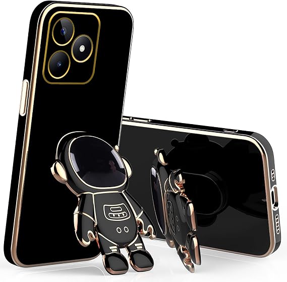 Compatible with Realme Note 50 Case with Plating Creative Astronaut Cartoon Holder Pink, for Realme Note 50 Phone Case Silicone Shockproof Stand Soft TPU Protective Slim Cover (Black)