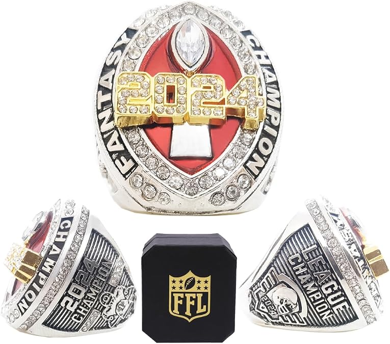 Fantasy Football Ring 2024 With Box | Heavy FFL Championship Ring | Gold Silver Tone Plated Award Trophy for Fantasy Football League Winner