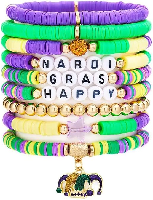 Zian Mardi Gras Bracelets for Women Men Colorful Surfer Heishi Multilayer Beaded Stackable Stretch Bracelets Carnival Party Holiday Friendship Jewelry Gift