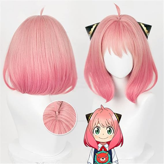 Xingwang Queen Anime Anya Forger Cosplay Wig Short Gradient Pink Party Wigs for Women (Wig+Hairpins)