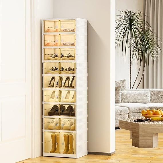 Foldable Shoe Rack Storage with Clear Door, Shoe Box Organizer Stackable Shoe Cabinet, Plastic Shoes Shelf with Lids Easy Assembly for Entryway, Closet, Living Room
