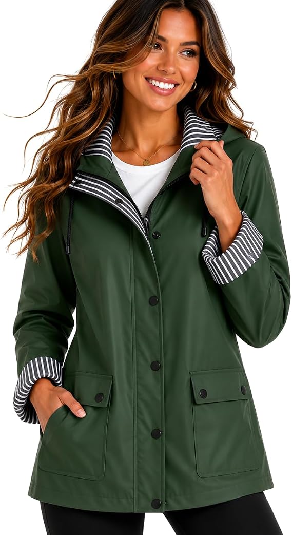 URBAN REPUBLIC Woman’s Raincoat – Water Resistant Slicker Shell Windbreaker Rain Jacket (S-3XL), Army Green, Medium