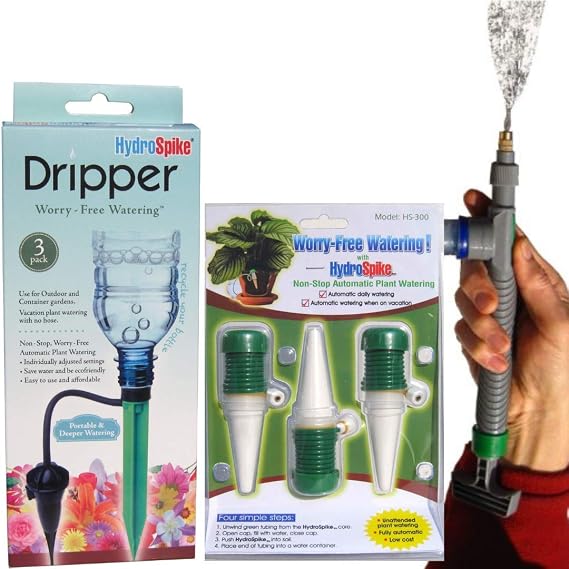 Combo Value Watering Kit. Original Spikes 3-Pack + Drippers 3-Pack Stakes + Free Super Handy Sprayer Kit Mister. Automatic Water Drip Bulbs System for Plants Soil Vacation Indoor Outdoor