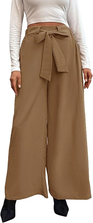 Women's Wide Leg Pants Khaki High Waist Adjustable Knot Business Casual Loose Trousers