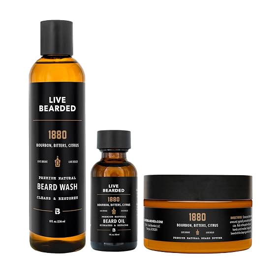 Live Bearded 3-Step Beard Grooming Kit, 1880, Bourbon, Bitters, Citrus