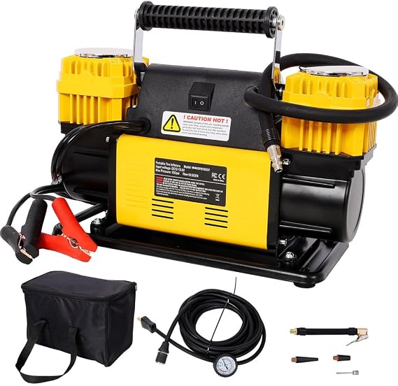 12V Dual Cylinder Air Compressor, 150 PSI Portable Heavy Duty Tire Inflator with 10.6 CFM Airflow, 26FT Hose, Thermal Protection, Fast Inflation for Truck, RV, SUV, Car Yellow & Black