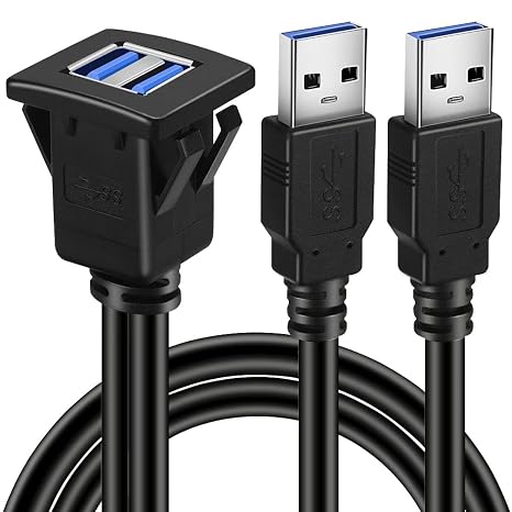 Dual Ports Square USB 3.0 Panel Flush Mount Extension Cable with Buckle for Car Truck Boat Motorcycle Dashboard 1ft