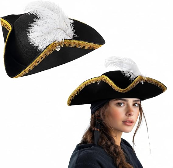 Liitrsh Tricorn Pirate Hat with Feather 15 x 15 x 3.9 Inch