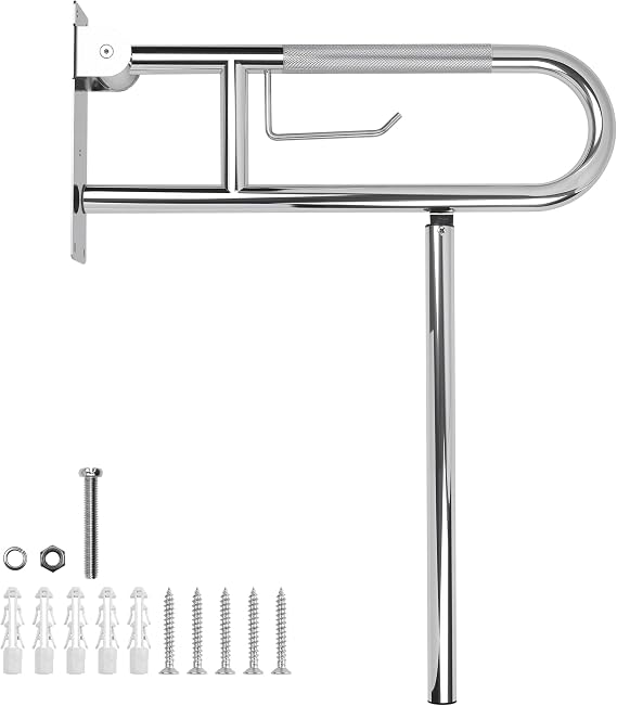 Handicap Grab Bar,23.6 Inch Stainless Steel 1.25" Diameter Toilet Safety Rails for Bathroom with Paper Holder, Anti-Slip Flip-Up Support Rail for Seniors Elderly