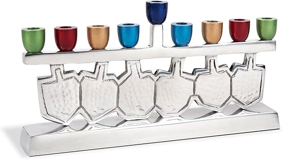 Zion Judaica Dancing Dreidels Menorah with Multi-Color Anodized Candle Cups Fits Standard Hanukkah Candles Exciting Driedels Designed Candle Minorah Chanukah Hannukah Decorations