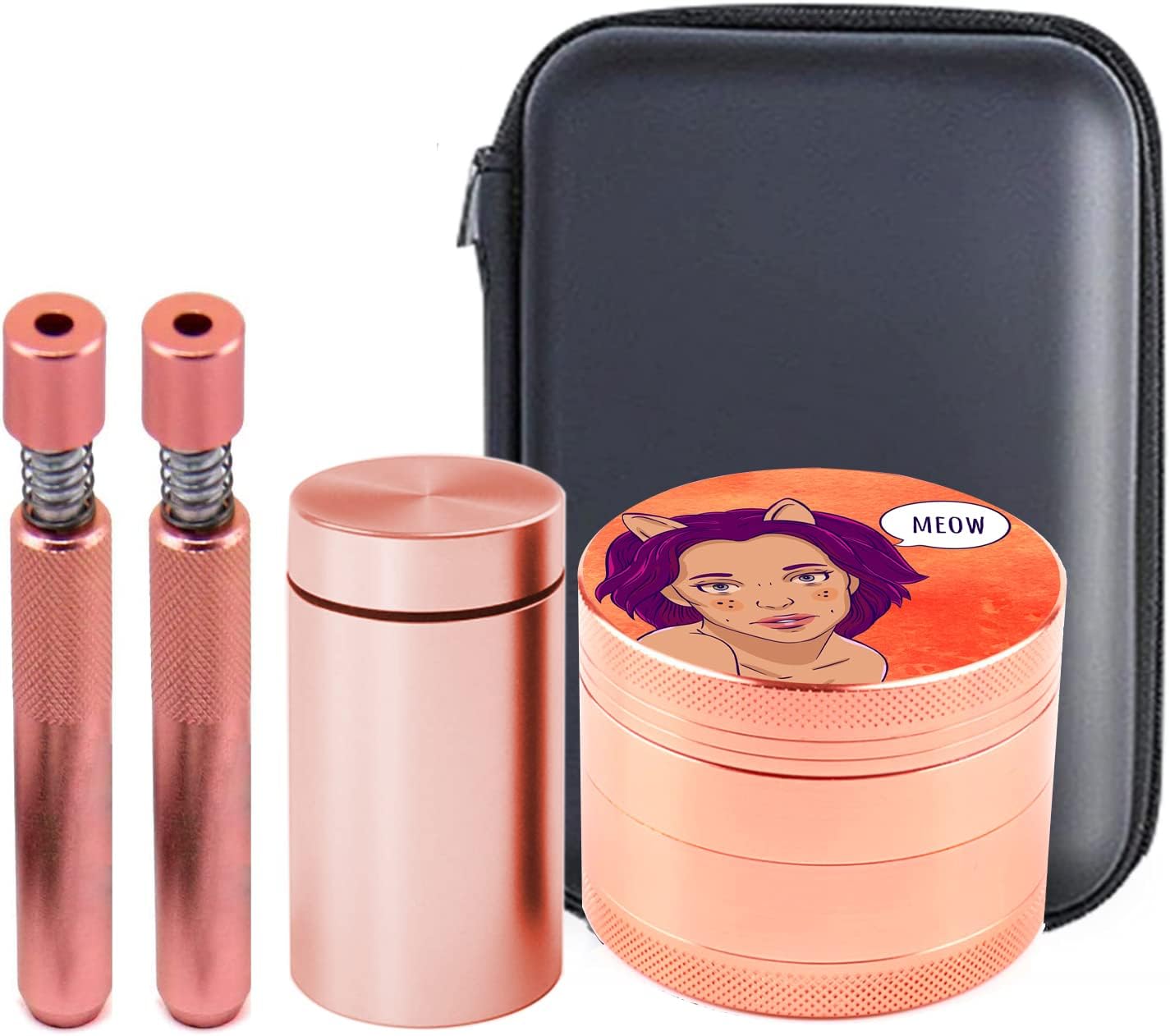 Herb Grinder Set, Spespo Spice Grinder Metal Zinc Alloy 4 Piece 2.0 inch5cm Pink Cat Girl Pattern with Metal Pipes and Sealed Jar and Portable Case, Grinder Gift Set for Lady and Women