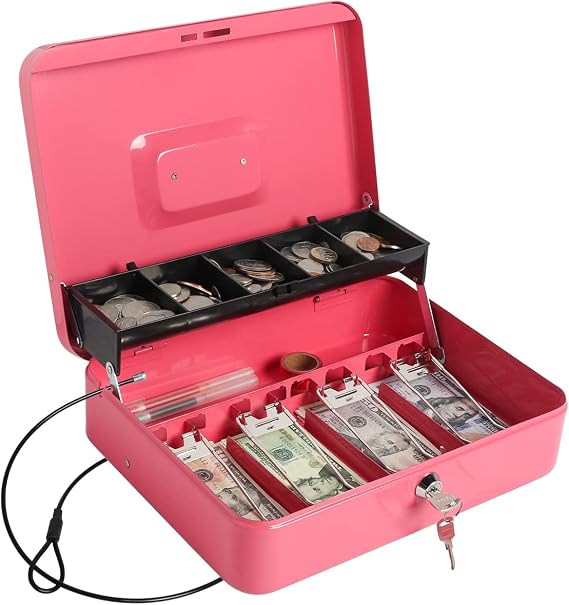 Cash Box with Money Tray and Lock, Large Money Box for Cash, 5 Compartments, 4 Spring-Loaded, Money Safe with Security Cable, Pink