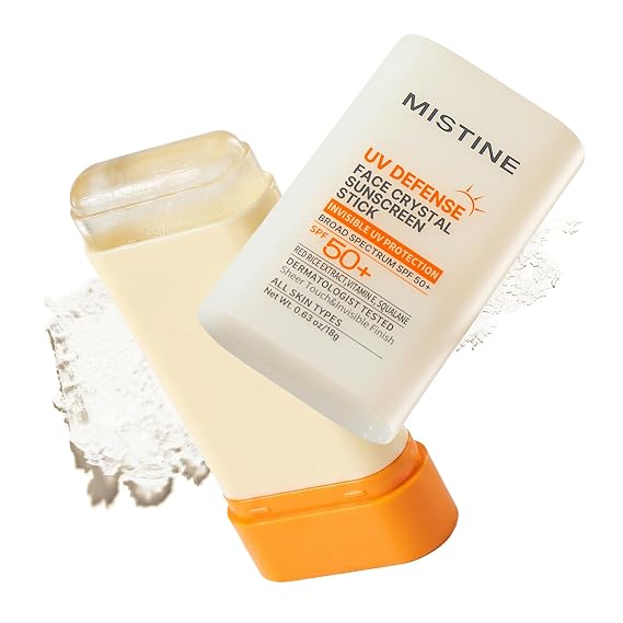 Mistine UV Defense Face Crystal Sunscreen Stick SPF 50+, Invisible Sunscreen, No White Cast, Broad Spectrum Oil-Free & Lightweight Korean Sunscreen for All Skin Over-Makeup TouchUps, 0.63 oz/18g