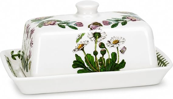 Portmeirion x Botanic Garden Butter Dish - White & Green Floral Butter Dish, Durable Ceramic Earthenware Oven, Freezer & Dishwasher Safe