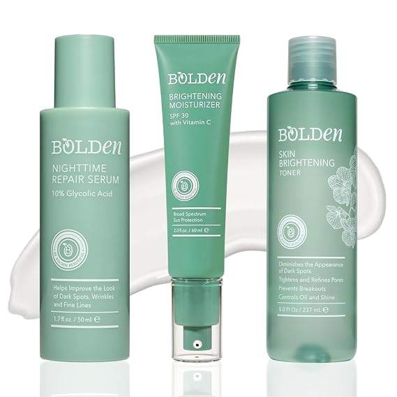 Bolden Face Care Pack of 3 Bundle Skin Brightening Toner with Glycolic Acid, Vitamin C Moisturizer SPF 30 & Nighttime Repair Serum for Dark Spots, Oily & Acne-Prone Skin