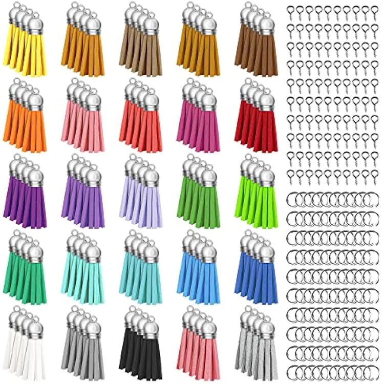 Keychain Tassels Jewelry Key Charms - 300pcs Keychain Tassels Bulk, 100pcs Key Chain Tassles, 100pcs Jump Rings, 100pcs Screw Eye Pins Hooks, Leather Tassels for Jewelry Making Crafts Colorful