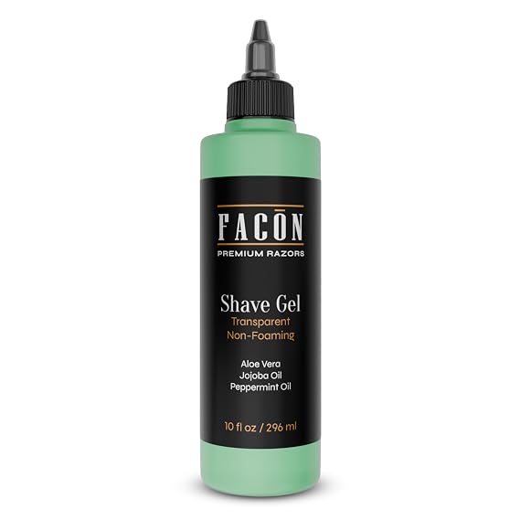 Facon Transparent Shaving Gel for Men with Aloe Vera, Cooling Menthol, Peppermint & Jojoba Oil Scent Clear Non Foaming Straight Razor Shave Gel, Barber Shaving Gel to Prevent Razor Bumps, 10 fl oz