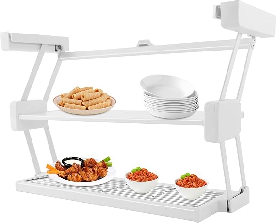 Pull Down Cabinet Shelf, 2 Tier Kitchen Pull-Down Spice Rack, Dish and Spice Rack Storage System, Folding Storage Rack Organizer for Kitchen Cabinets (White)