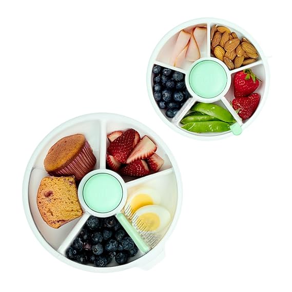 GoBe Kids Mint Green Small and Large Snack Spinner Bundle with Hand Strap and Sticker Sheet - Reusable Snack Container with 5 Compartment Dispenser and Lid | BPA and PVC Free | Dishwasher Safe