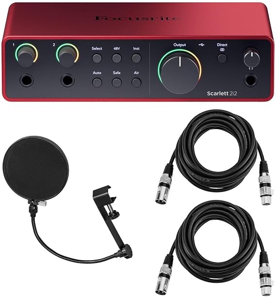 Focusrite Scarlett 2i2 4th Gen USB Audio Interface with Software Suite, Bundle With H&A Pop Filter, 2x XLR M to F Cable 10'