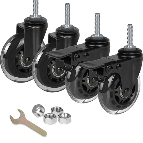 8T8 3" Rubber Caster Wheels Heavy Duty with 2 Brakes, 5/16''-18 x 1-1/2" Threaded Stem Casters Set of 4 (Screw Diameter 5/16", Length 1.5"), Quiet and Smooth Castors for Furniture Hardwood Floors