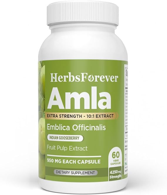 Herbsforever Amla (Indian Gooseberry) - Powder Per Serving|NaturalVitaminC, Antioxidant Immunity,Digestion,Hair | Concentrate 45%|60Veg Capsules|950mg