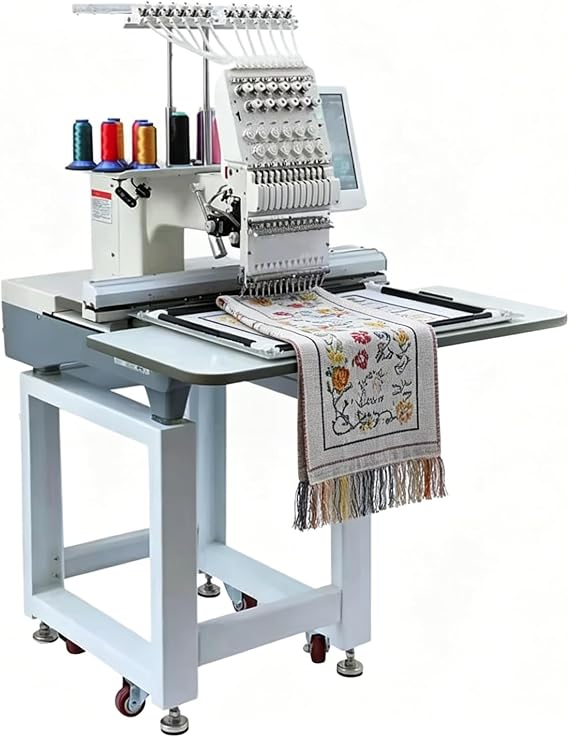 Embroidery Machine, Digital 15 Needle Gear Attached with Rolling Stand, Large Touch Screen for Personalized Monogram on Cap and Fabric Pieces