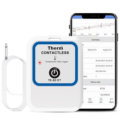 ThermElc TE-B2 ET Bluetooth Temperature Data Logger with External Probe EN12830 Compliant PDF/CSV Report MKT Calculation Reusable for Clinical Trials in Laboratories Cool Freezers