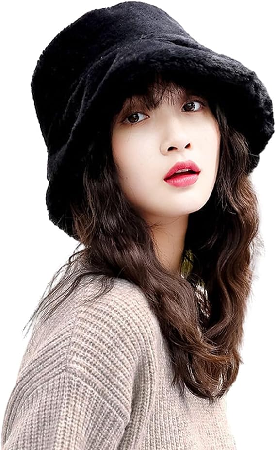 Faux Fur Winter Bucket Hat Women Plush Warm Cloche Hat Wide Brim Floppy Fisherman Cap