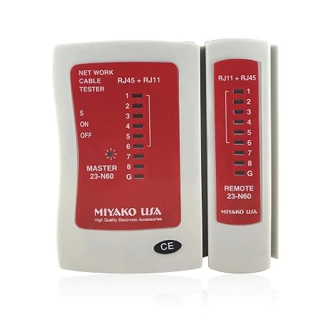 MIYAKO USA Network Cable Tester Test Tool Straight, Crossover, Cat 5e UTP/STP RJ-11, RJ-12, RJ-45 LAN Wire Ethernet Professional Use - Made with Super Strong PVC Housing (23-N60)