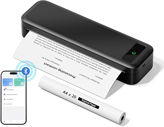 Portable Thermal Printer A4 Inkless Wireless Bluetooth Small Mobile - Black