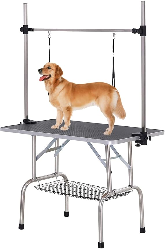 Dog Pet Grooming Table for Large Dogs Adjustable Height - Stainless Steel Foldable Professional Pet Station at Home, Portable Trimming Table Drying Desktop with Arms Nooses & Mesh Tray, 36''/ Black