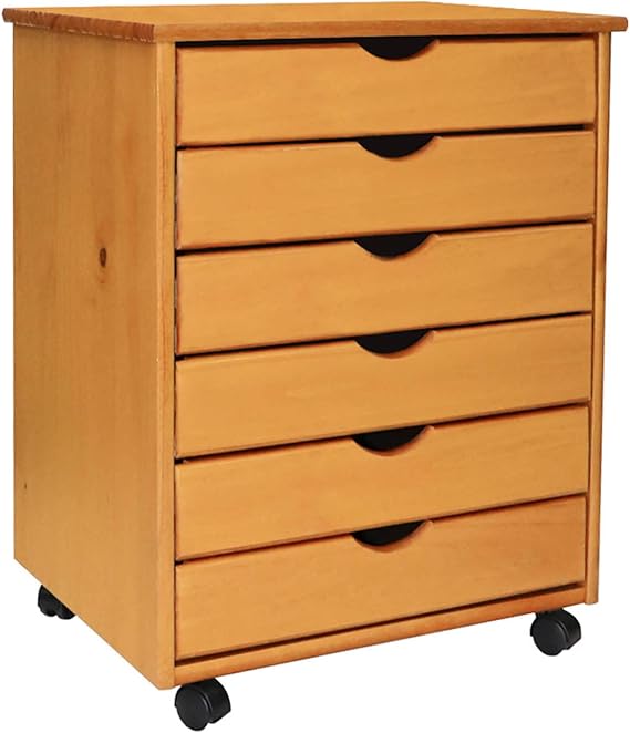 Jela-USA Solid Pine Wood 6 Drawer Wide Rolling Cart, Honey Pine