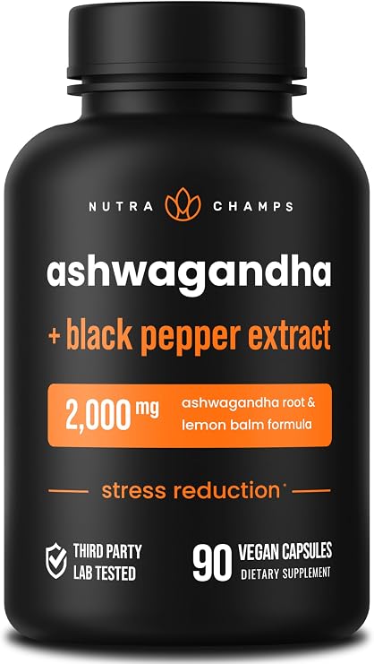 NutraChamps Organic Ashwagandha Capsules, 2000mg Adrenal Fatigue, Thyroid & Mood Support Ashwagandha Supplements, Ashwagandha Root Powder & Lemon Balm, Superior Absorption with Black Pepper