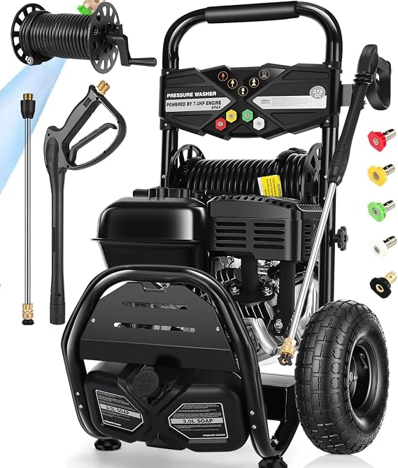 4200PSI Pressure Washer 4.0GPM Gas Power Washer 212CC Gas Powered Washing Machine Commercial High Pressure Washer w/ 32ft Hose Reel&5 Nozzles for Patio Garden Yard Vehicle,EPA/CARB/ETL (Dark Black)