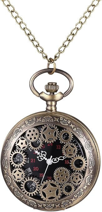 OIDEA Mens Womens Pocket Watch: Steampunk Hollow Embossed Gear Decoration Analog Quartz Pocket Watches with Chain Graduation Christmas Birthday Gifts, Bronze