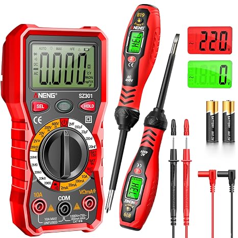 Multimeter with Voltage Tester Screwdriver Measures Non Contact Voltage Detector,Current,Resistance,Continuity,Diodes,Dual Range AC 11V/30V-1000V,Live/Null Wire Electric Tester with LCD Display(Red)