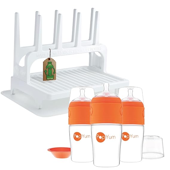 PopYum 9 oz Orange Formula Making Baby Bottle 3-Pk with White Drying Rack & Clear Drying Mat Bundle
