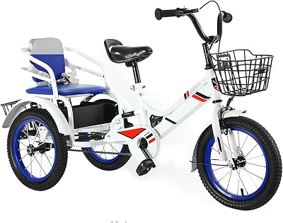 Blue,16 inches, Kids Double Seats Bike,Leisure Pedal Tricycle with Back Seat Large Capacity and Deep Storage Basket for Children Playground Sports Cruiser Bikes