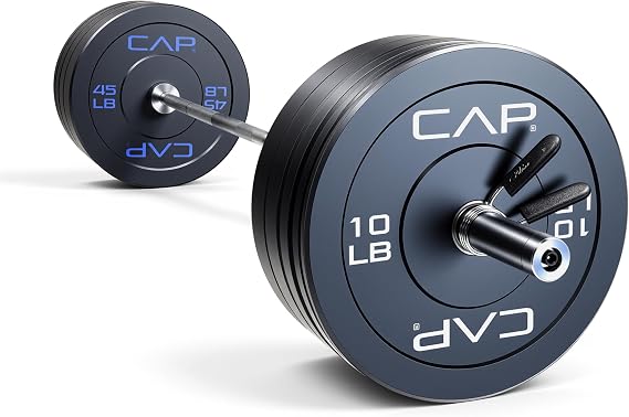 CAP Barbell 260 lb Economy Olympic Weight Set with 7ft Chrome Barbell & Black Bumper Plates with Color Logo